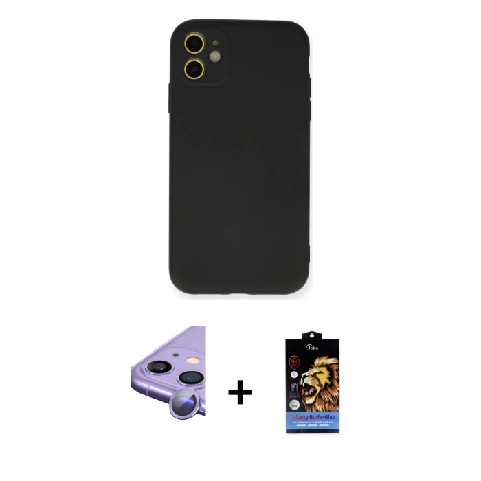 MARSİLYAN™- iPhone 11 Kılıf Ahenk Serisi - Siyah Buffer Hayalet Cam Ekran Koruyucu + Raze Metal Kamera Lens - MR