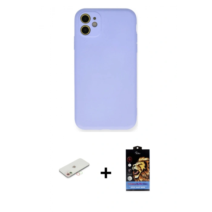 MARSİLYAN™- iPhone 11 Kılıf Ahenk Serisi - Siyah Buffer Hayalet Cam Ekran Koruyucu + Renkli Kamera Lens Koruma Cam - YL