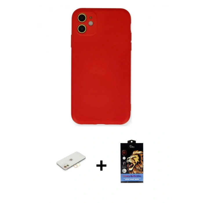 MARSİLYAN™- iPhone 11 Kılıf Ahenk Serisi - Siyah Buffer Hayalet Cam Ekran Koruyucu + Sarı Renkli Kamera Lens Koruma Cam