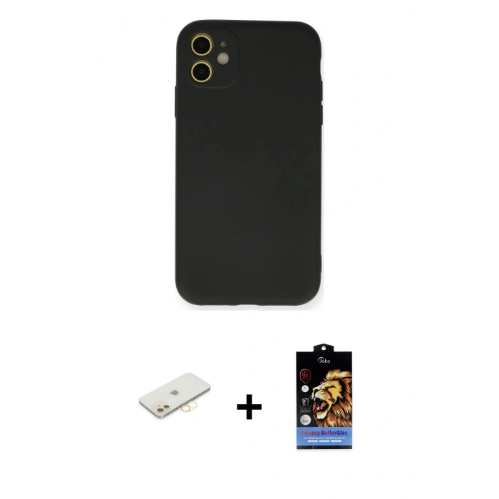MARSİLYAN™- iPhone 11 Kılıf Ahenk Serisi - Siyah Buffer Hayalet Cam Ekran Koruyucu + Sarı Renkli Kamera Lens Koruma Cam