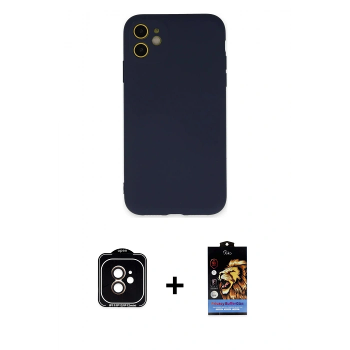 MARSİLYAN™- iPhone 11 Kılıf Ahenk Serisi - Siyah Buffer Hayalet Cam Ekran Koruyucu + PVD Metal Kamera Lens - TU