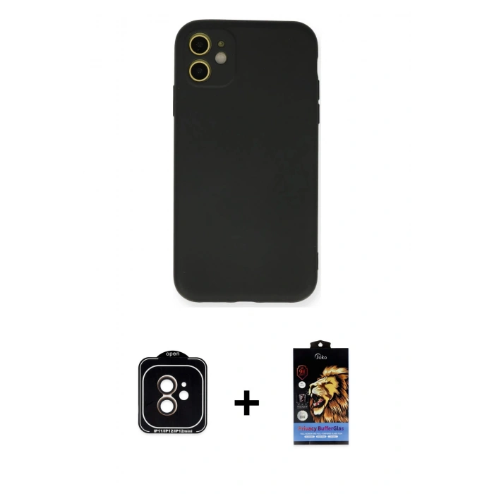 MARSİLYAN™- iPhone 11 Kılıf Ahenk Serisi - Siyah Buffer Hayalet Cam Ekran Koruyucu + PVD Metal Kamera Lens - TU