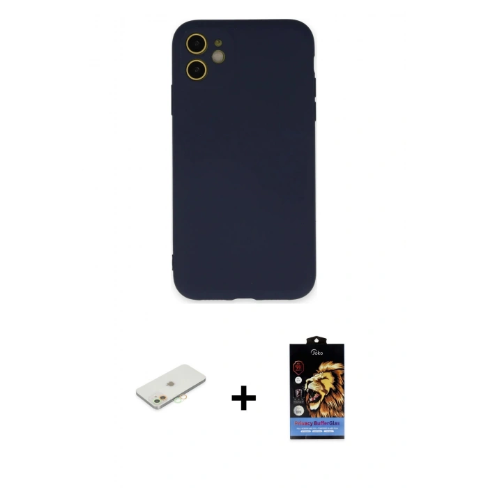 MARSİLYAN™- iPhone 11 Kılıf Ahenk Serisi - Siyah Buffer Hayalet Cam Ekran Koruyucu + Renkli Kamera Lens Koruma Cam - TU