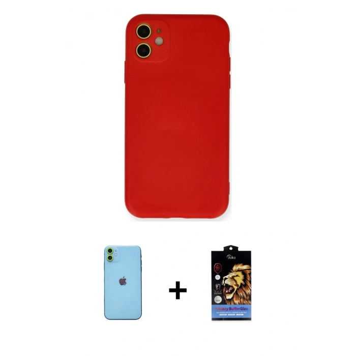 MARSİLYAN™- iPhone 11 Kılıf Ahenk Serisi - Siyah Buffer Hayalet Cam Ekran Koruyucu + Yeşil Neon Fosforlu Kamera Lens