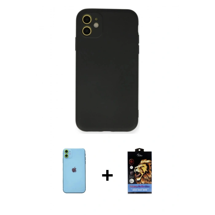 MARSİLYAN™- iPhone 11 Kılıf Ahenk Serisi - Siyah Buffer Hayalet Cam Ekran Koruyucu + Yeşil Neon Fosforlu Kamera Lens