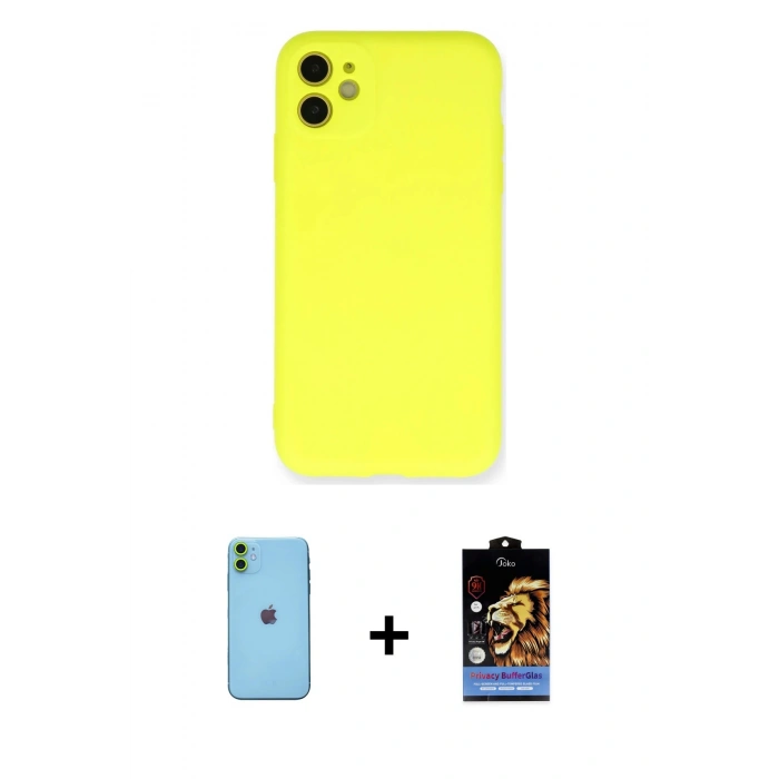 MARSİLYAN™- iPhone 11 Kılıf Ahenk Serisi - Siyah Buffer Hayalet Cam Ekran Koruyucu + Yeşil Neon Fosforlu Kamera Lens