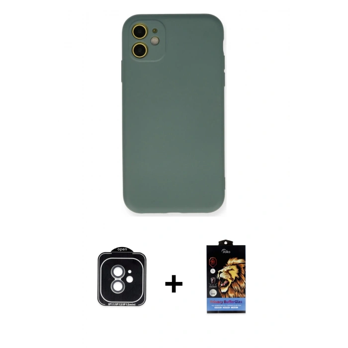 MARSİLYAN™- iPhone 11 Kılıf Ahenk Serisi - Siyah Buffer Hayalet Cam Ekran Koruyucu + PVD Metal Kamera Lens - YL
