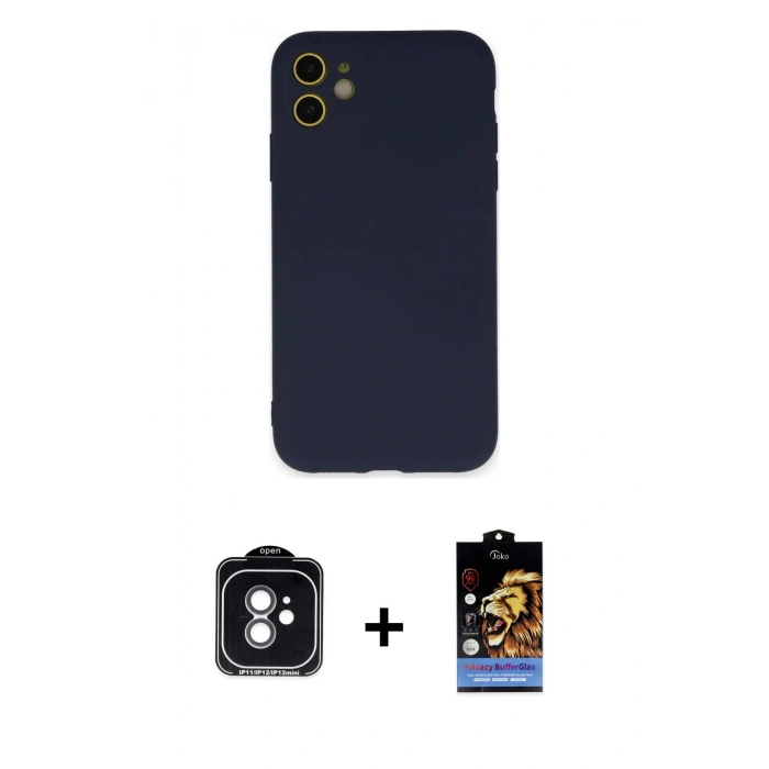 MARSİLYAN™- iPhone 11 Kılıf Ahenk Serisi - Siyah Buffer Hayalet Cam Ekran Koruyucu + PVD Metal Kamera Lens - YL