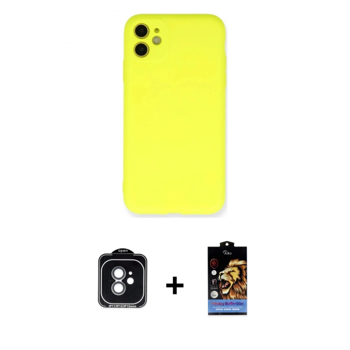 MARSİLYAN™- iPhone 11 Kılıf Ahenk Serisi - Siyah Buffer Hayalet Cam Ekran Koruyucu + PVD Metal Kamera Lens - YL