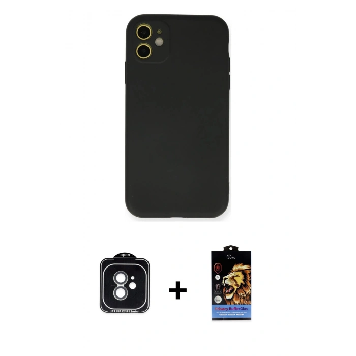MARSİLYAN™- iPhone 11 Kılıf Ahenk Serisi - Siyah Buffer Hayalet Cam Ekran Koruyucu + PVD Metal Kamera Lens - YL