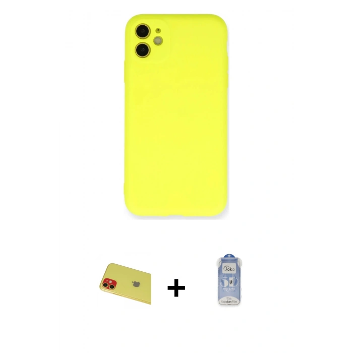 MARSİLYAN™- iPhone 11 Kılıf Ahenk Serisi - Siyah Joko Magic 5D Cam + Kırmızı Rainbow Kamera Lens Koruma Cam