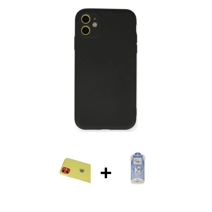 MARSİLYAN™- iPhone 11 Kılıf Ahenk Serisi - Siyah Joko Magic 5D Cam + Kırmızı Rainbow Kamera Lens Koruma Cam