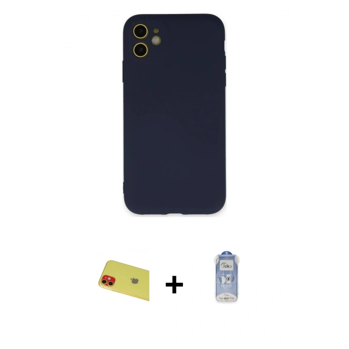 MARSİLYAN™- iPhone 11 Kılıf Ahenk Serisi - Siyah Joko Magic 5D Cam + Kırmızı Rainbow Kamera Lens Koruma Cam