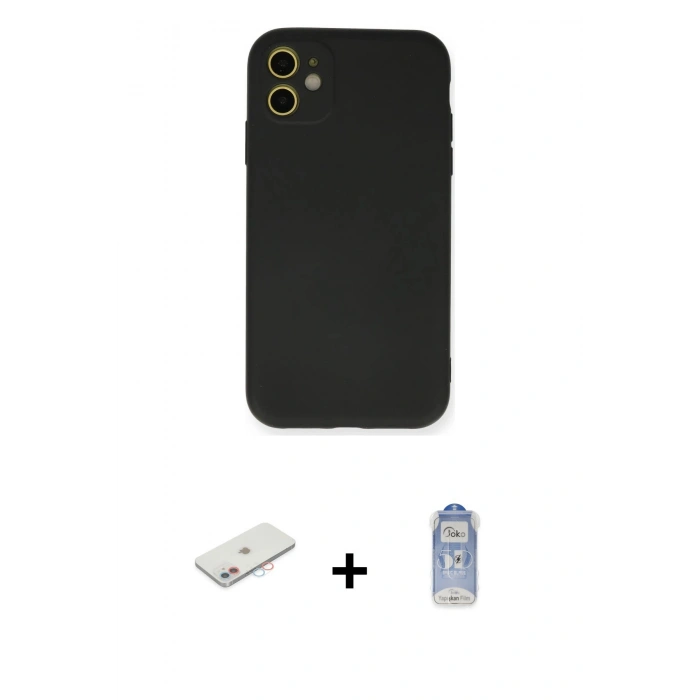 MARSİLYAN™- iPhone 11 Kılıf Ahenk Serisi - Siyah Joko Magic 5D Cam + Renkli Kamera Lens Koruma Cam - PE