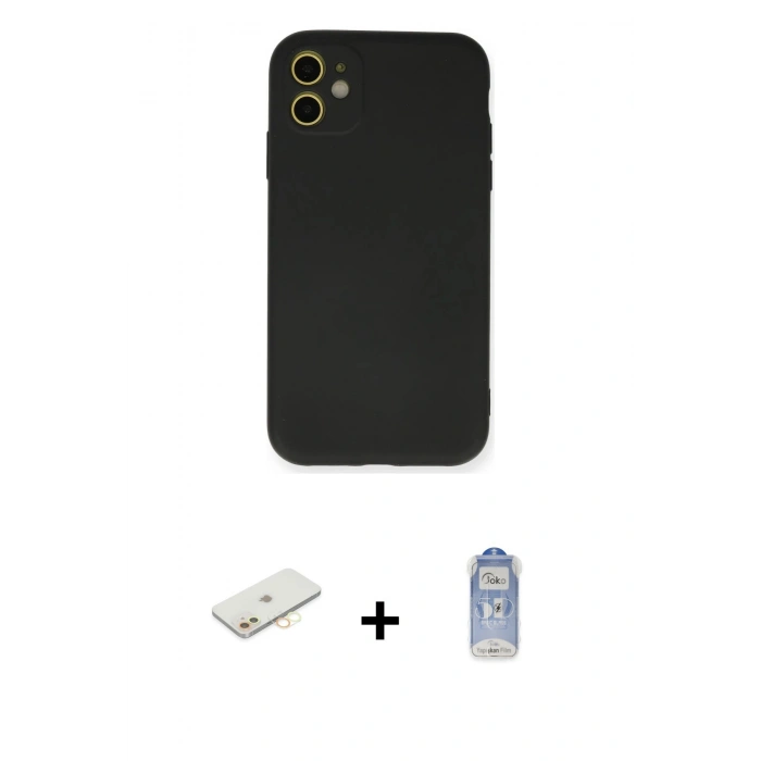 MARSİLYAN™- iPhone 11 Kılıf Ahenk Serisi - Siyah Joko Magic 5D Cam + Renkli Kamera Lens Koruma Cam - SI