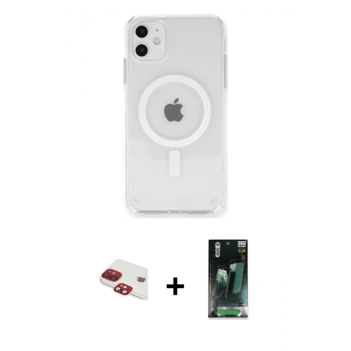 MARSİLYAN™- iPhone 11 Kılıf Ahenk Yansıma Prime - Şeffaf 360 Full Body Arka Koruyucu + Pers Alüminyum Kamera Lens - KI
