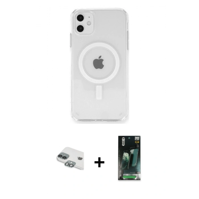 MARSİLYAN™- iPhone 11 Kılıf Ahenk Yansıma Prime - Şeffaf 360 Full Body Arka Koruyucu + Pers Alüminyum Kamera Lens - YL