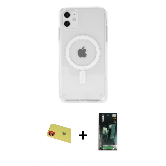 MARSİLYAN™- iPhone 11 Kılıf Ahenk Yansıma Prime - Şeffaf 360 Full Body Arka Koruyucu + Rainbow Kamera Lens Koruma Cam - KI