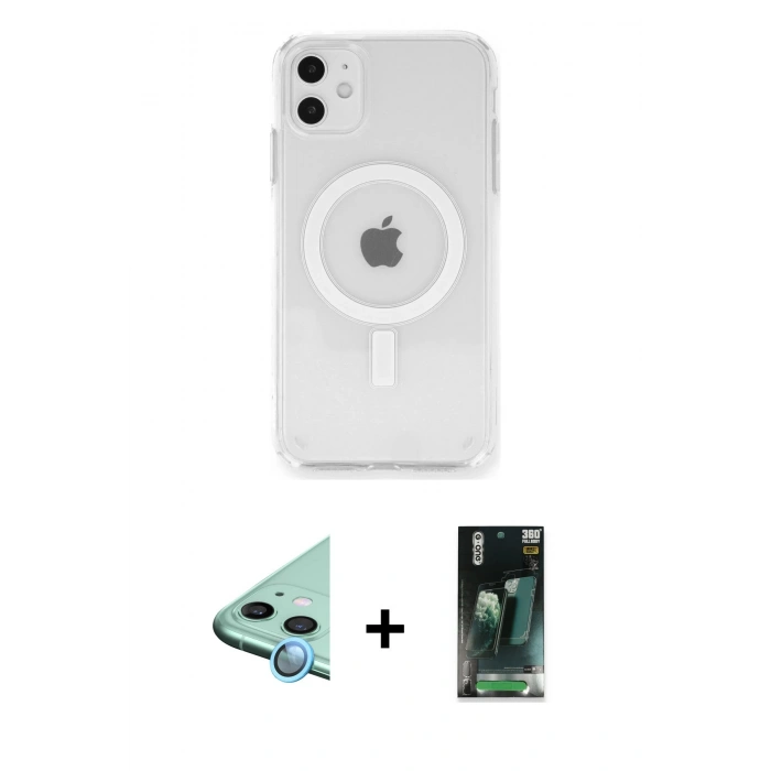 MARSİLYAN™- iPhone 11 Kılıf Ahenk Yansıma Prime - Şeffaf 360 Full Body Arka Koruyucu + Raze Metal Kamera Lens - MI