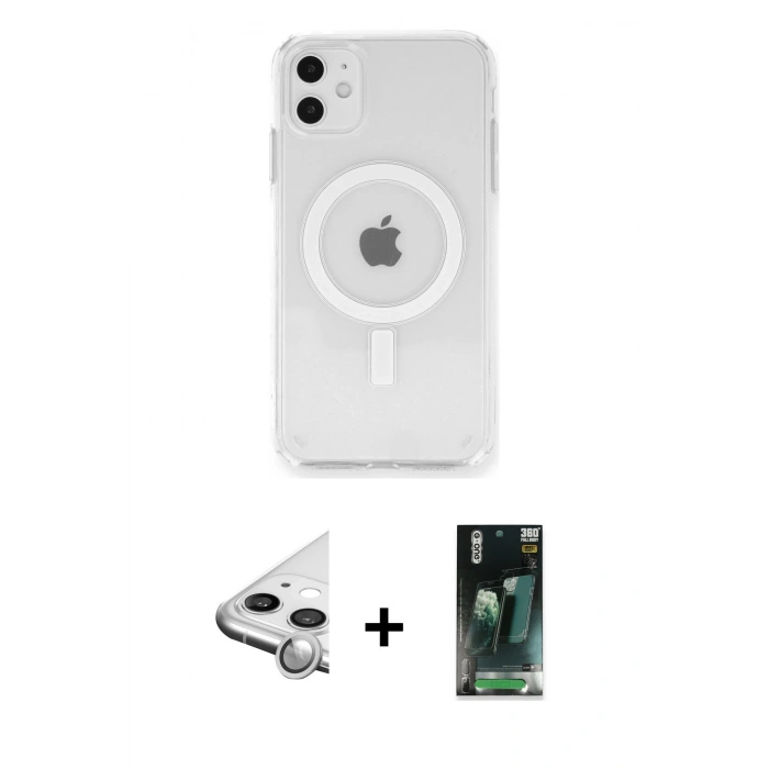 MARSİLYAN™- iPhone 11 Kılıf Ahenk Yansıma Prime - Şeffaf 360 Full Body Arka Koruyucu + Raze Metal Kamera Lens - GS