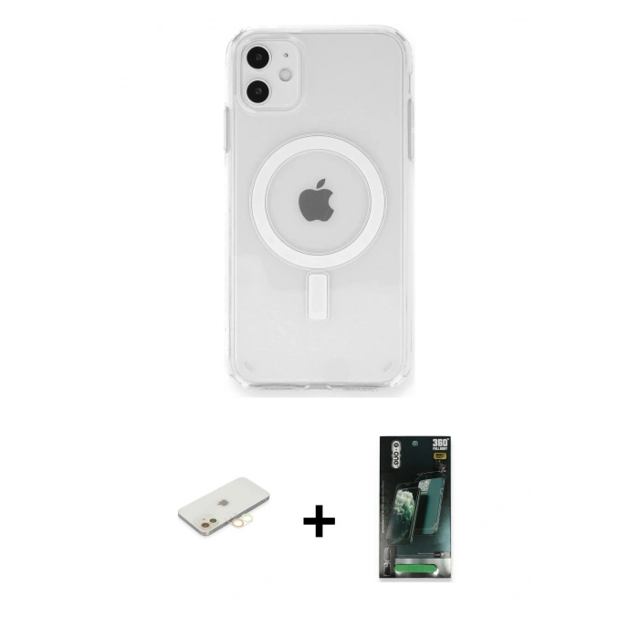 MARSİLYAN™- iPhone 11 Kılıf Ahenk Yansıma Prime - Şeffaf 360 Full Body Arka Koruyucu + Renkli Kamera Lens Koruma Cam - SI