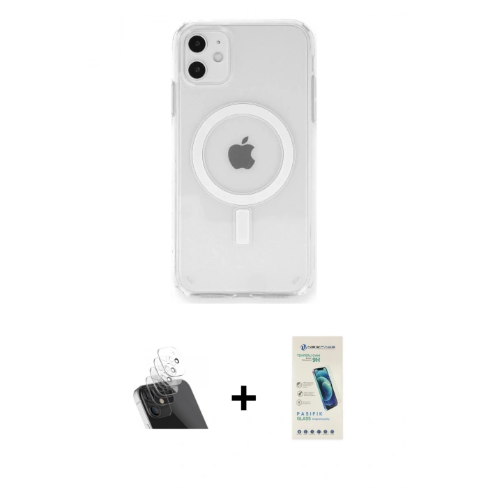 MARSİLYAN™- iPhone 11 Kılıf Ahenk Yansıma Prime - Şeffaf Pasifik Cam Ekran Koruyucu + Kamera Lens Koruma Cam - SF