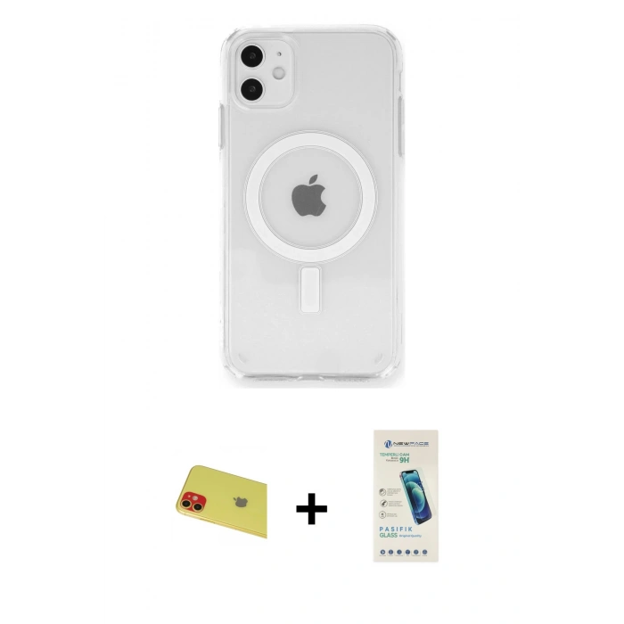 MARSİLYAN™- iPhone 11 Kılıf Ahenk Yansıma Prime - Şeffaf Pasifik Cam Ekran Koruyucu + Rainbow Kamera Lens Koruma Cam - KI