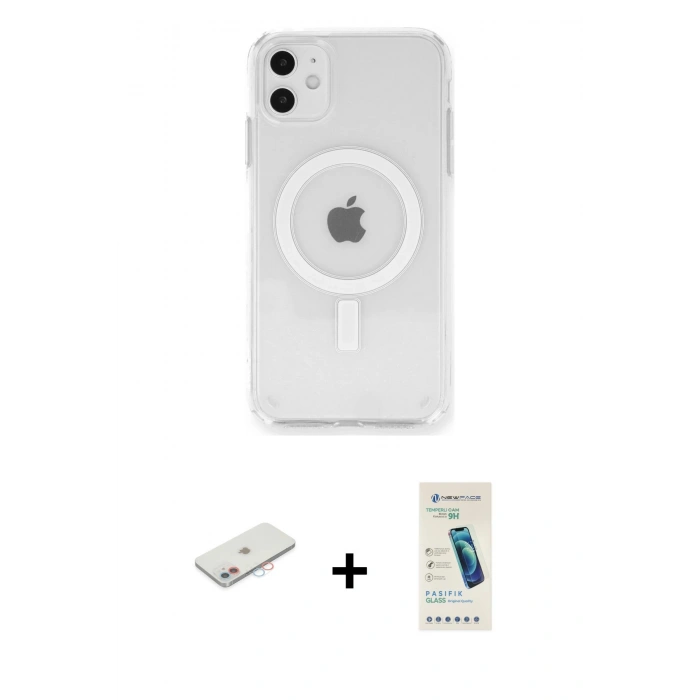 MARSİLYAN™- iPhone 11 Kılıf Ahenk Yansıma Prime - Şeffaf Pasifik Cam Ekran Koruyucu + Renkli Kamera Lens Koruma Cam - PE