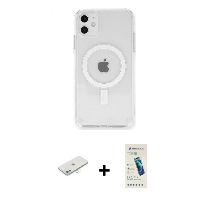 MARSİLYAN™- iPhone 11 Kılıf Ahenk Yansıma Prime - Şeffaf Pasifik Cam Ekran Koruyucu + Renkli Kamera Lens Koruma Cam - SI