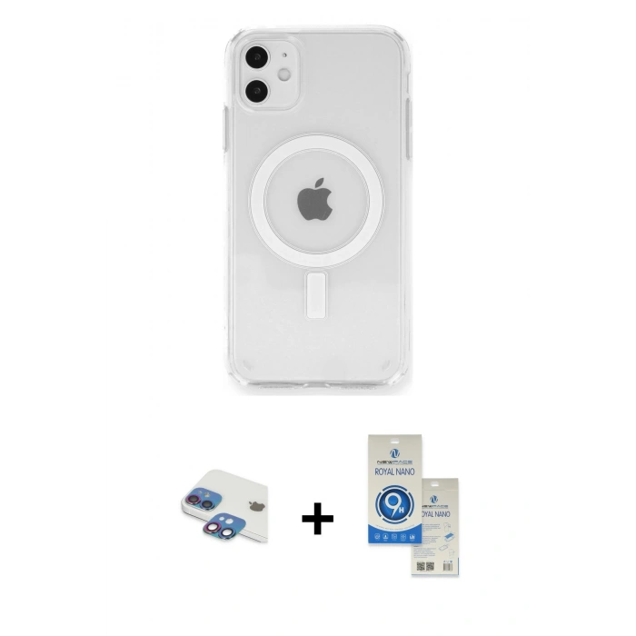MARSİLYAN™- iPhone 11 Kılıf Ahenk Yansıma Prime - Şeffaf Royal Nano Ekran Koruyucu + Pers Alüminyum Kamera Lens - GI