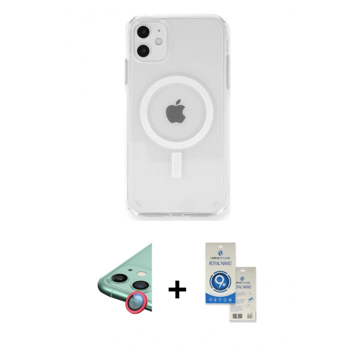 MARSİLYAN™- iPhone 11 Kılıf Ahenk Yansıma Prime - Şeffaf Royal Nano Ekran Koruyucu + Raze Metal Kamera Lens - KI