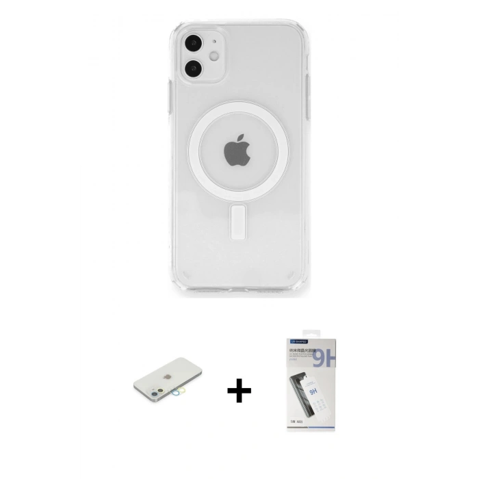 MARSİLYAN™- iPhone 11 Kılıf Ahenk Yansıma Prime - Şeffaf Uv Polymer Nano Ekran Koruyucu + Renkli Kamera Lens Koruma Cam - SI