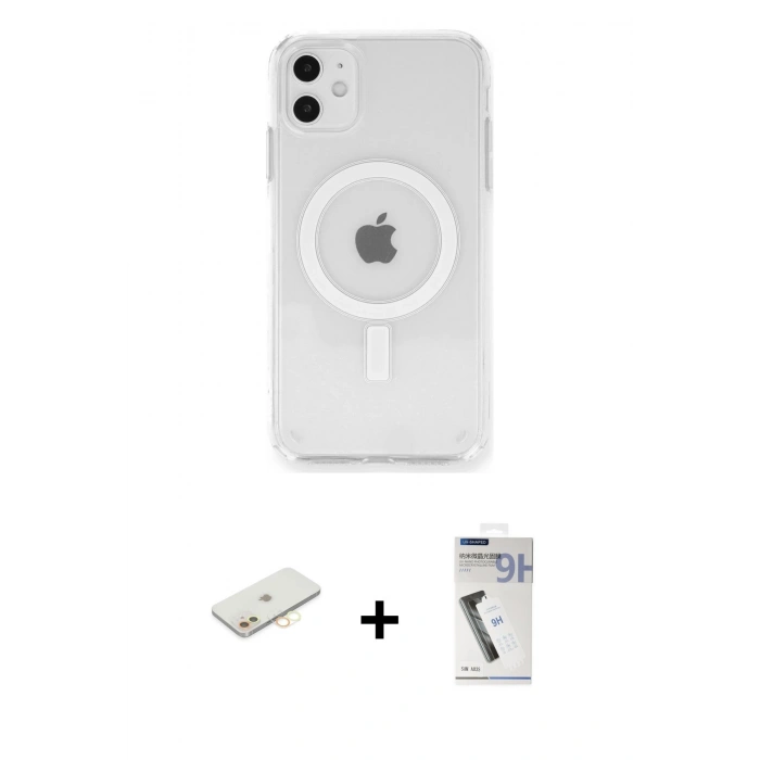 MARSİLYAN™- iPhone 11 Kılıf Ahenk Yansıma Prime - Şeffaf Uv Polymer Nano Ekran Koruyucu + Renkli Kamera Lens Koruma Cam - SI