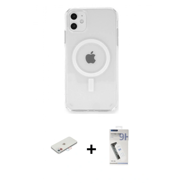 MARSİLYAN™- iPhone 11 Kılıf Ahenk Yansıma Prime - Şeffaf Uv Polymer Nano Ekran Koruyucu + Renkli Kamera Lens Koruma Cam - PE