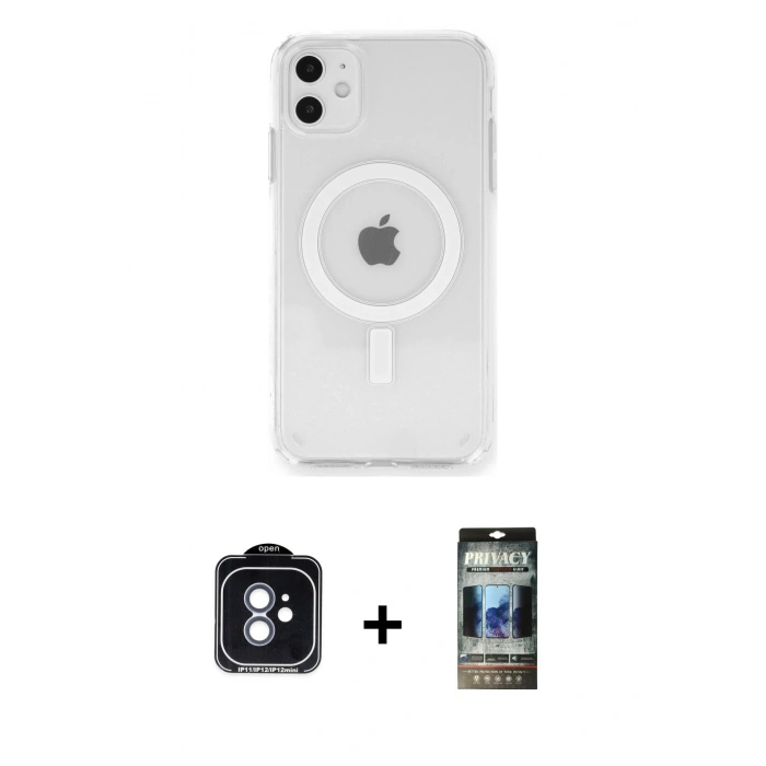 MARSİLYAN™- iPhone 11 Kılıf Ahenk Yansıma Prime - Siyah 34D Hayalet Izgaralı Cam + PVD Metal Kamera Lens - MI