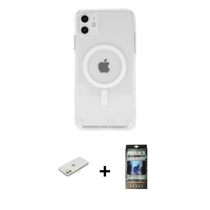 MARSİLYAN™- iPhone 11 Kılıf Ahenk Yansıma Prime - Siyah 34D Hayalet Izgaralı Cam + Renkli Kamera Lens Koruma Cam - TU