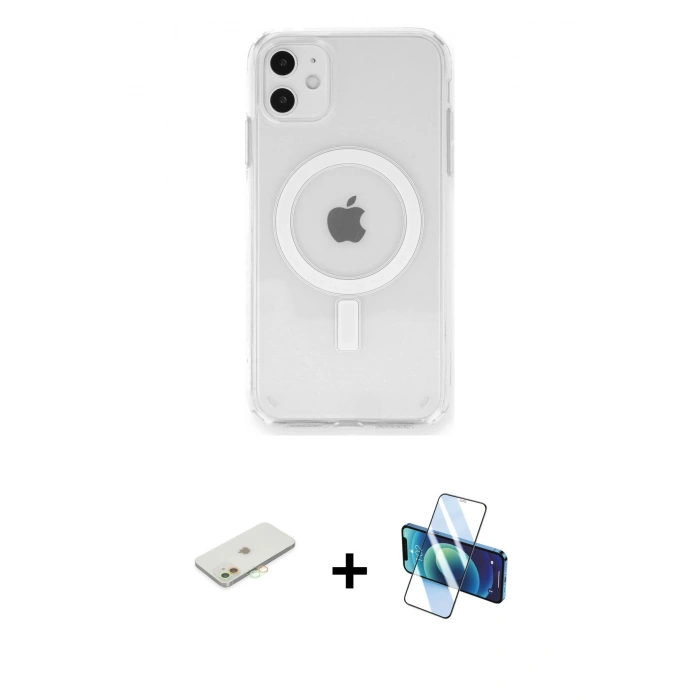 MARSİLYAN™- iPhone 11 Kılıf Ahenk Yansıma Prime - Siyah 3D Antistatik Cam Ekran Koruyucu + Renkli Kamera Lens Koruma Cam - TU
