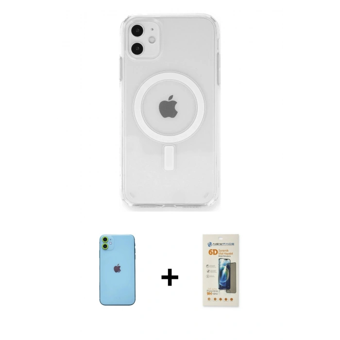 MARSİLYAN™- iPhone 11 Kılıf Ahenk Yansıma Prime - Siyah 6D Mat Seramik Hayalet Nano Ekran Koruyucu + Neon Fosforlu Kamera Lens - YL