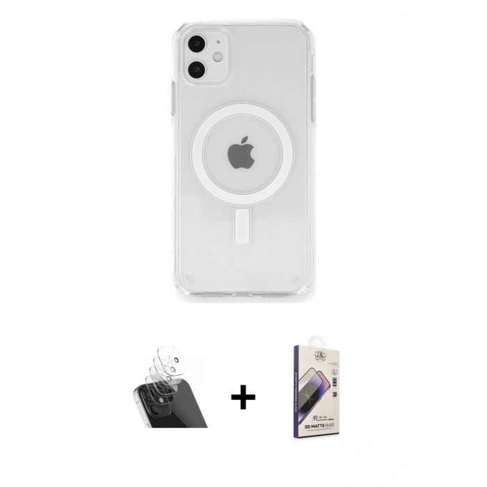 MARSİLYAN™- iPhone 11 Kılıf Ahenk Yansıma Prime - Siyah Bilvis 3D Mat Cam Ekran Koruyucu + Kamera Lens Koruma Cam - SF