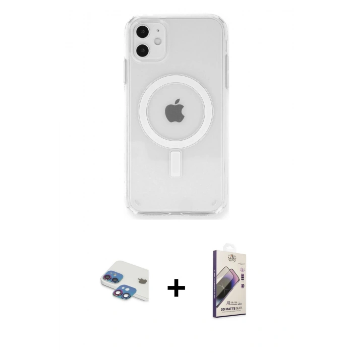 MARSİLYAN™- iPhone 11 Kılıf Ahenk Yansıma Prime - Siyah Bilvis 3D Mat Cam Ekran Koruyucu + Pers Alüminyum Kamera Lens - GI