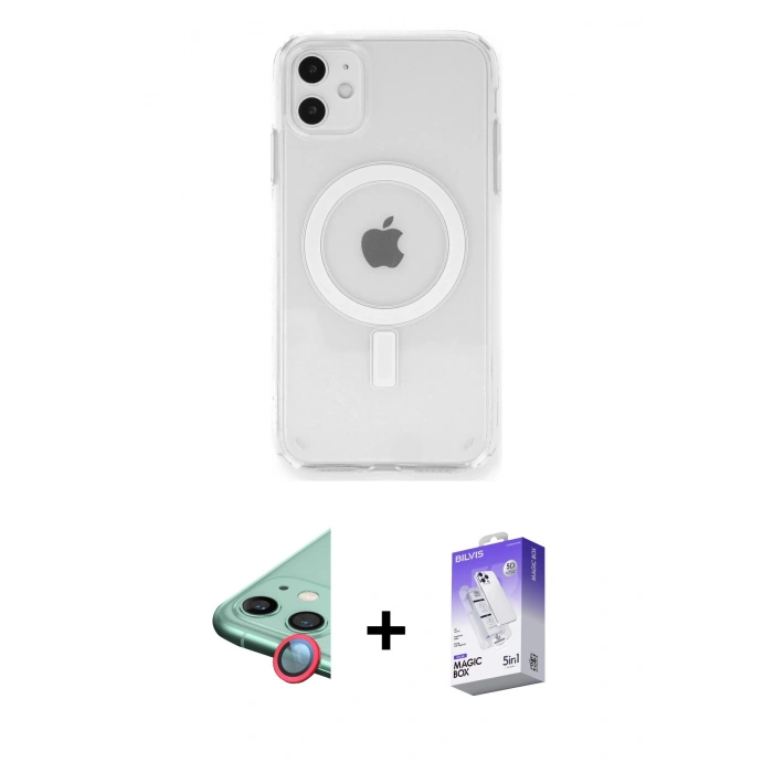 MARSİLYAN™- iPhone 11 Kılıf Ahenk Yansıma Prime - Siyah Bilvis 5in1 3D Magic Cam Ekran Koruyucu + Raze Metal Kamera Lens - KI