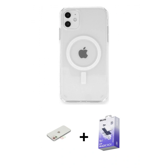 MARSİLYAN™- iPhone 11 Kılıf Ahenk Yansıma Prime - Siyah Bilvis 5in1 5D Magic Hayalet Cam Ekran Koruyucu + Renkli Kamera Lens Koruma Cam - YL