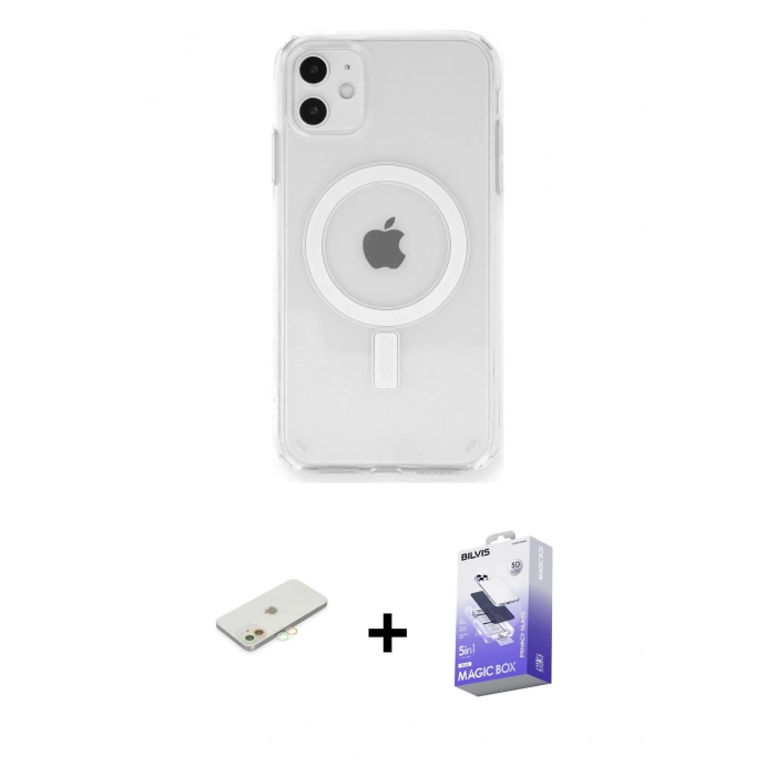 MARSİLYAN™- iPhone 11 Kılıf Ahenk Yansıma Prime - Siyah Bilvis 5in1 5D Magic Hayalet Cam Ekran Koruyucu + Renkli Kamera Lens Koruma Cam - TU