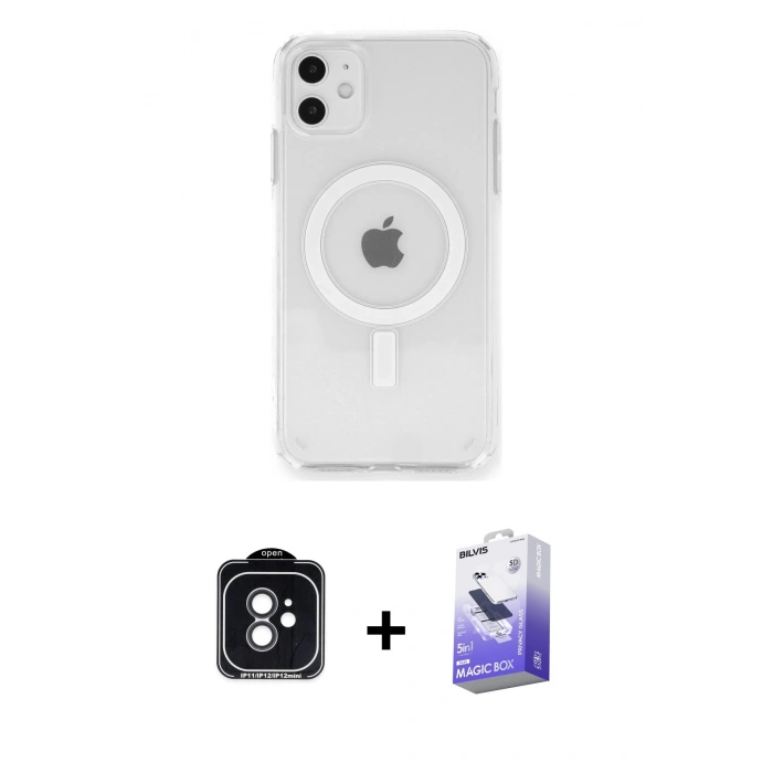 MARSİLYAN™- iPhone 11 Kılıf Ahenk Yansıma Prime - Siyah Bilvis 5in1 5D Magic Hayalet Cam Ekran Koruyucu + PVD Metal Kamera Lens - SH