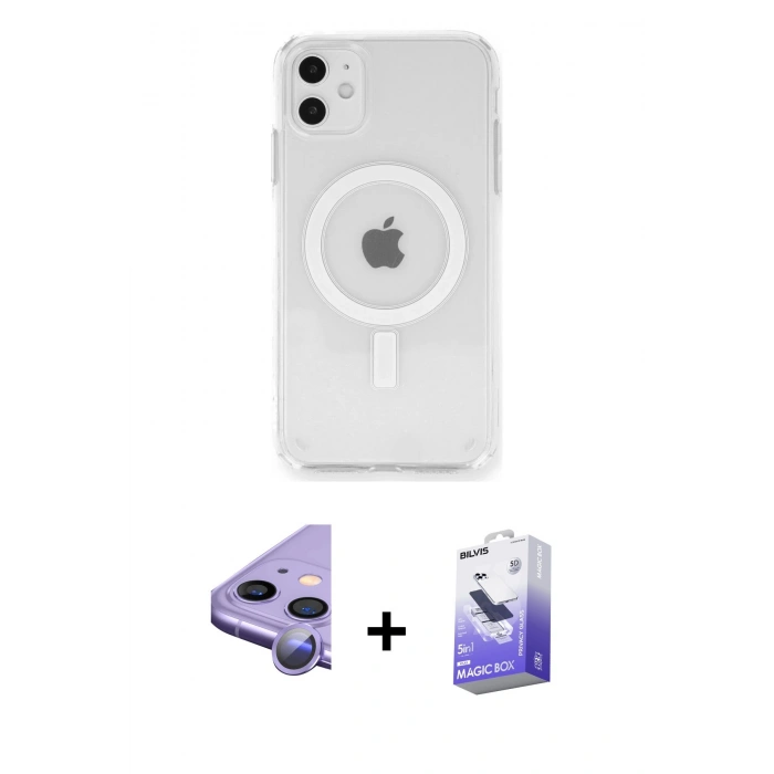 MARSİLYAN™- iPhone 11 Kılıf Ahenk Yansıma Prime - Siyah Bilvis 5in1 5D Magic Hayalet Cam Ekran Koruyucu + Raze Metal Kamera Lens - MR
