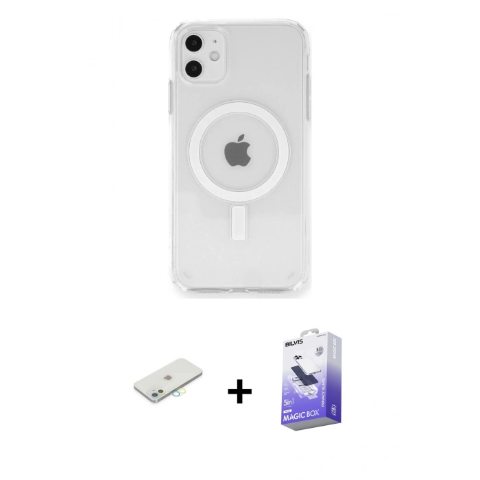 MARSİLYAN™- iPhone 11 Kılıf Ahenk Yansıma Prime - Siyah Bilvis 5in1 5D Magic Hayalet Cam Ekran Koruyucu + Renkli Kamera Lens Koruma Cam - SI