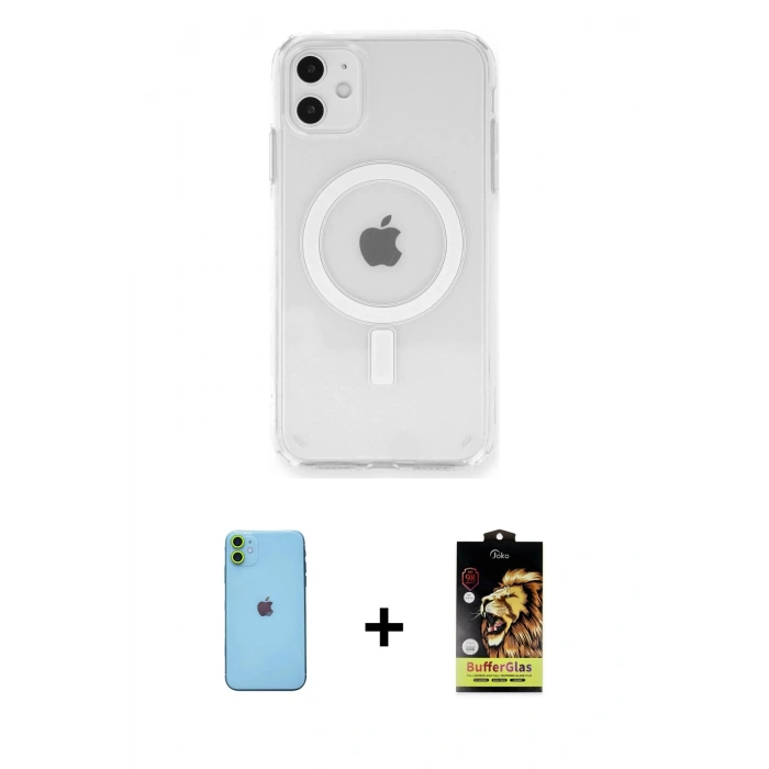 MARSİLYAN™- iPhone 11 Kılıf Ahenk Yansıma Prime - Siyah Buffer Cam Ekran Koruyucu + Neon Fosforlu Kamera Lens - YL