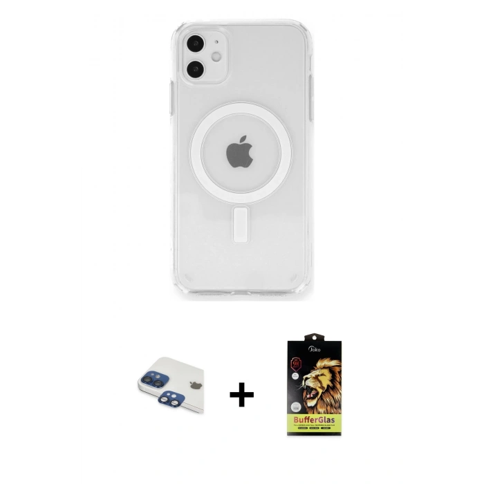 MARSİLYAN™- iPhone 11 Kılıf Ahenk Yansıma Prime - Siyah Buffer Cam Ekran Koruyucu + Pers Alüminyum Kamera Lens - LT