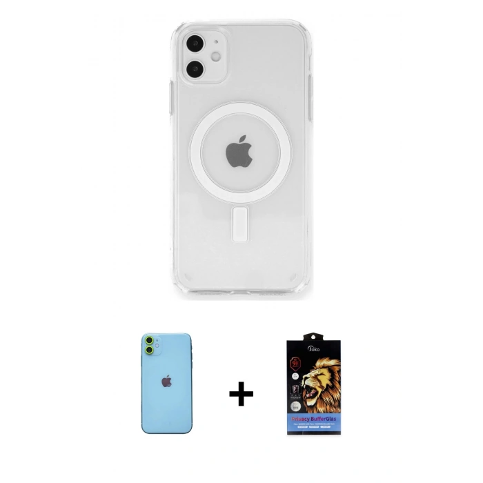 MARSİLYAN™- iPhone 11 Kılıf Ahenk Yansıma Prime - Siyah Buffer Hayalet Cam Ekran Koruyucu + Neon Fosforlu Kamera Lens - YL