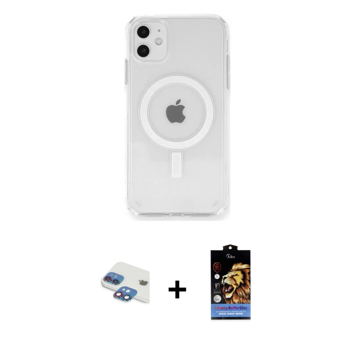 MARSİLYAN™- iPhone 11 Kılıf Ahenk Yansıma Prime - Siyah Buffer Hayalet Cam Ekran Koruyucu + Pers Alüminyum Kamera Lens - GI
